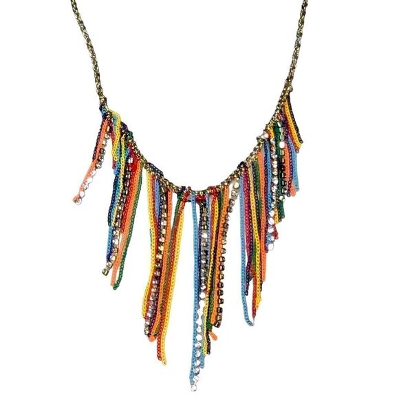 Vintage Multi Colored Chain Fringe and CZ Boho Necklace… Rare! - Picture 3 of 11